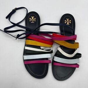 Tory Burch Paris Ankle Strap Sandals Leather Multi Color Sz 9